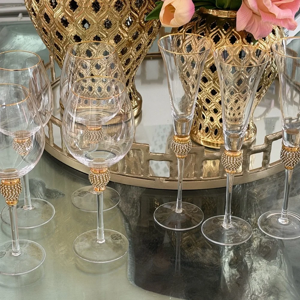 Set of 3 Z Gallerie Elegant Gold and Clear Champagne Flutes